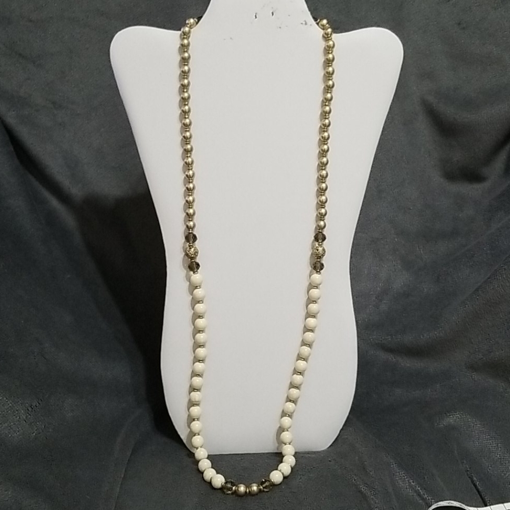 Long Gold and White Bead Necklace